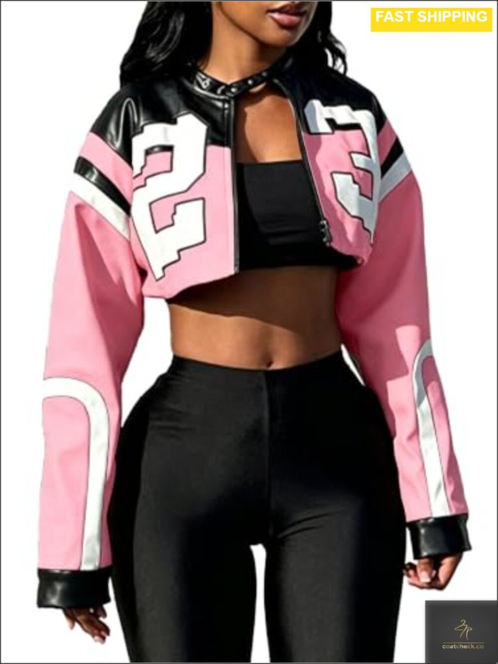 Faux Leather Cropped Bomber Motorcycle Jacket Women Zipper Long Sleeve